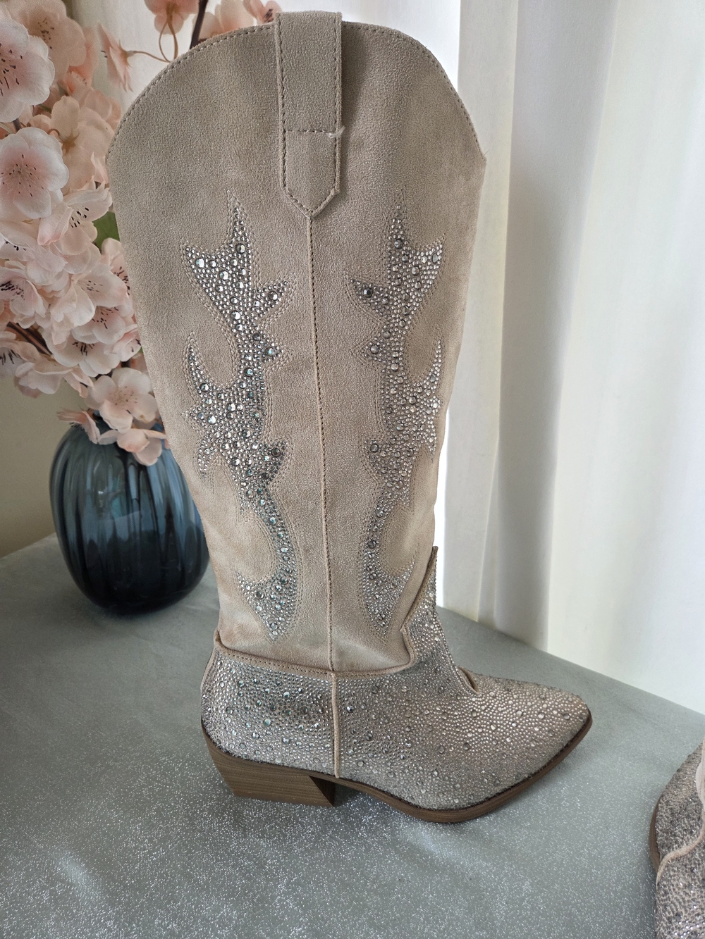 Crystal Embellished Taupe Tan Suede Knee-High Western Cow Girl Boots Madden NYC - Picture 11 of 16
